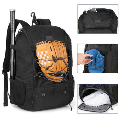 MATEIN Youth Baseball Backpack, Softball Bat Bag with Shoes Compartment | Lightweight Baseball Bag for Boys and Adult, Fence Hook Hold TBall Bat, Batting Mitten, Helmet, Caps, Teeball Gear Equipment - color: Black, size: 47L