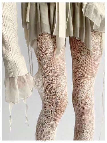 Women's Floral Lace Fishnet Tights Kawaii Y2K See Through Stockings Leggings - color: White, size: Large