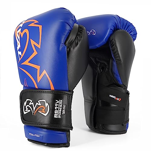 RIVAL Boxing RS11V Evolution Sparring Gloves, Extra-Thick 2” Padding, V-Strap Wrist Lock 2 System, Large Hand Compartment, and 15 Degree Angle Cuff - color: Blue, size: 14 oz.