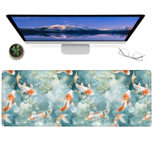 Koi Fish Gaming Mouse Pad,12x31.5in Non-Slip Rubber Watercolor Water Bubble Desk Mat,Large Extended Cute Mousepad for Office Home Laptop,Mice Pads Gifts,Game Lover Deskmat Decor