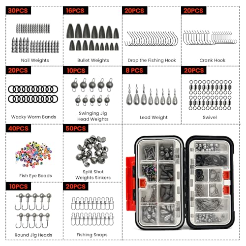 Fishing Tackle Box - 264pcs Complete Fishing Gear Kit, Tackle Box Organizer with Tackle Included, Fishing Hooks, Fishing Weights etc, Fishing Accessories for Bass Trout Crappie, Fishing Gift for Men