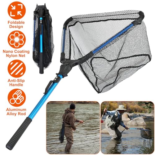 Foldable Fishing Net with Aluminum Alloy Rod EVA Handle Durable 5MM Hexagonal Nano Coating Nylon Mesh Collapsible Landing Net Safe Fish Catching or Releasing