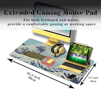 Extra Large Mouse Pad Blue XXL Mousepad, Big Mouse Pads Office Desk Mats, Desk Pad Mat Waterproof Non-Slip Rubber Base, 35.4 X 15.7 inch for Work/Game/Office/Home Japanese Great Wave Art - color: Japanese Great Wave Art