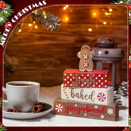 4 Pcs Wooden Christmas Tabletop Decor Gingerbread Man Tiered Tray Decor Christmas Centerpiece Rustic Decorative Block Signs Gift Farmhouse Table Decoration for Home Kitchen - style: Gingerbread