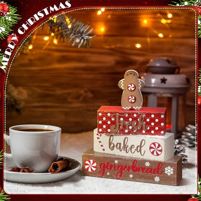4 Pcs Wooden Christmas Tabletop Decor Gingerbread Man Tiered Tray Decor Christmas Centerpiece Rustic Decorative Block Signs Gift Farmhouse Table Decoration for Home Kitchen - style: Gingerbread