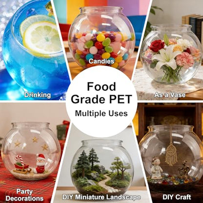 Plastic Goldfish Fish Bowl Drum Round Crystal Clear Aquarium Fish Tank Starter Kits with 1 Artificial Aquatic Plant and 1 Bag Mini Ornamental Stones (0.72Gallon/ 2.75L)