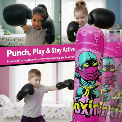 67inch Punching Bag for Kids, Inflatable Kids Boxing Set with Gloves, Fast Rebound Punching Bag for Practicing Karate, Taekwondo, MMA, Christmas/Birthday Gift for Boys Girls, Ages 6-14 - color: Pink