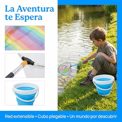 FishNetButterfly Net Insect Habitat Cage with FoldingBucketandTelescopic Handle forOutdoorCapturing of SmallFishShrimpButterflies - color: green