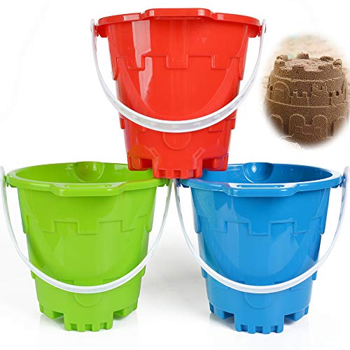 Jumbo Castle Model Beach Gear 7" Large Sand Buckets Pails Beach Water Pool Gardening Bath Toy Environmentally ABS Durable Thick Plastic Complete Gift Set Bundle For Kids Boys Girls- 3 Pack Green Blue - style: Round Castle