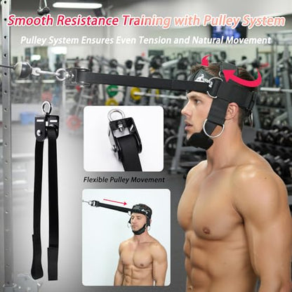 Adjustable Neck Harness with Pulley System & Resistance Bands – Multi-Directional Neck Weight Lifting Training for Strength, Stability & Posture – Padded Head Strap for Athletes & Fitness - color: 블랙.