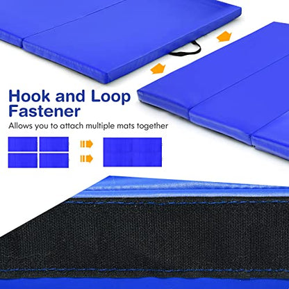 GYMAX Gymnastics Mat, 4 FT x 8 FT x 2 Inches Folding Exercise Mat w/Carry Handles & Sturdy Stitching Waterproof Cover, Tumbling Mat for Yoga Stretching Martial Arts Home Gym - color: Dark Blue