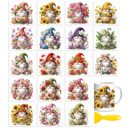 Peacoblue 18 Sheets Rub on Transfers for Crafts, Gnome with Flowers and Teacup 3.6"x3.9" UV DTF Cup Wraps Waterproof Cold Transfers Stickers for Wood Glass Metal Cup Tumblers Mirrors Mugs Home Decor - style: Gnome with Flowers and Teacup