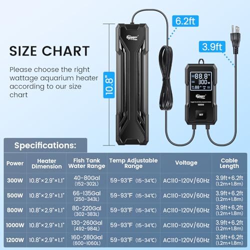 hygger 300W Aquarium Heater, Upgraded Submersible Fish Tank Heater with Dual Protection System & LED Digital Display, with Automatic Power-Off Function, for 40-80 Gallons Freshwater and Saltwater Tank - size: 300W for 40-80 Gallon