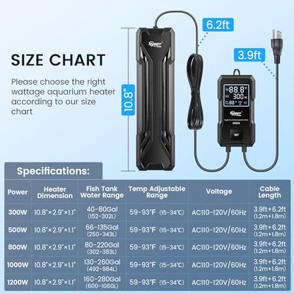 hygger 300W Aquarium Heater, Upgraded Submersible Fish Tank Heater with Dual Protection System & LED Digital Display, with Automatic Power-Off Function, for 40-80 Gallons Freshwater and Saltwater Tank - size: 300W for 40-80 Gallon