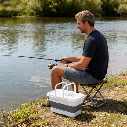 Hikary13L Fishing Bucket with Mini Oxygen Pump,Fish Transport Container,Portable Folding Collapsible Minnow Bucket Fish Live Container Box with Breathable Mesh Space Saving Outdoor Traveling Fishing - color: Gray