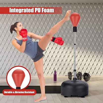 Goplus Punching Bag with Stand for Adults, Freestanding Reflex Speed Bags with 55’’-62.5’’ Adjustable Height, Boxing Equipment with Gloves for Home Gym Workout MMA Training, Fitness - color: Red+Black