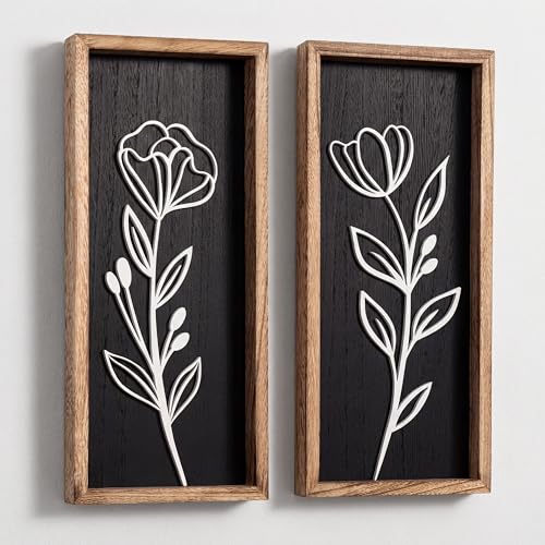 3D Vintage Black Living Room Decor (Set of 2) Lightweight, Wooden Ready-to-Hang Framed Moody Floral Wall Art for Bathroom, Bedroom or Office - Dark Textured Boho Farmhouse Wall Decor - Gift-Boxed - color: Black, size: 7" x 16"