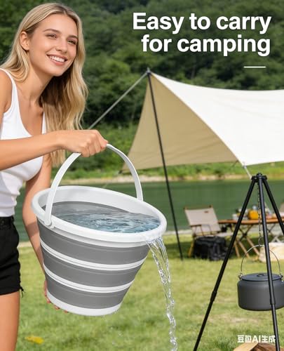 2.6 Gal (10L) Collapsible Bucket with Handle, Portable Cleaning Bucket for Car Wash, Camping, Gardening, Household Use - Space Saving Foldable Design