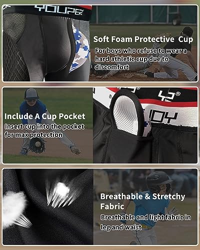 Youper Youth Elite Padded Baseball Sliding Shorts w/Soft Athletic Cup - color: Black, size: X-Large