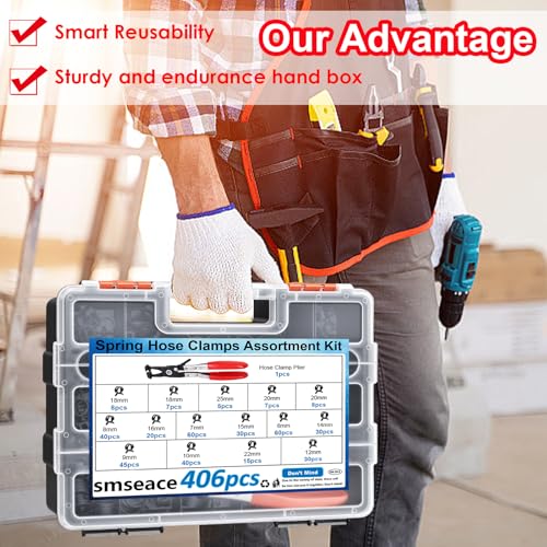 406Pcs 6-25mm Spring Band Hose Clamps With Plier 13-sizes Constant Tension Hose Clamp used for Fuel Line，Vacuum Hose，Air Hose - size: 6-25mm 406pcs
