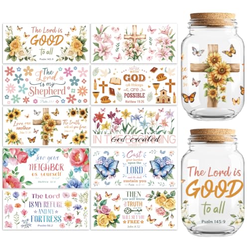 UV DTF Cup Wraps Transfer Stickers Bible and Flowers Pattern, 10 Sheets Waterproof Custom Vinyl Transfer Sticker 16oz Coffee Glass Cup Tumbler Bottle Mug Decals for Men Women - style: Bible and Flowers