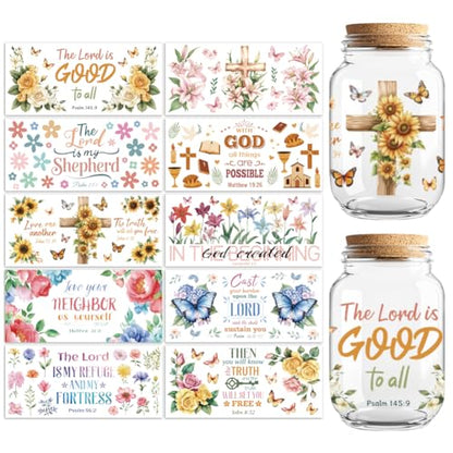 UV DTF Cup Wraps Transfer Stickers Bible and Flowers Pattern, 10 Sheets Waterproof Custom Vinyl Transfer Sticker 16oz Coffee Glass Cup Tumbler Bottle Mug Decals for Men Women - style: Bible and Flowers