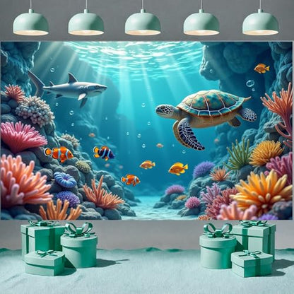 Under The Sea Backdrop Ocean Theme Party Decorations Marine Life Sea Turtle Shark Photography Background for Kids Boy Girl Birthday Baby Shower Photo Booth Props Blue Underwater Wall Banner Set