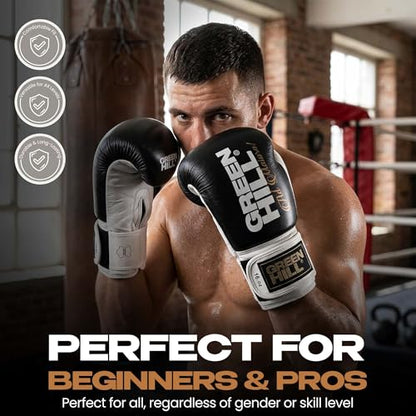 Green Hill Legend Leather Boxing Gloves for Men & Women - color: Black/White, size: 16 Oz