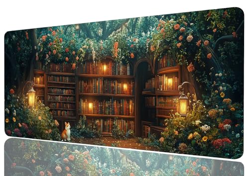 Forest Library Desk Mat Secret Garden Cat Fairy Tale Light Mousepad XL Large Gaming Mouse Pad Laptop Keyboard Mat Desk Pad For Office Desktops, Home Workstations, and Laptops 31.5x11.8 Inch