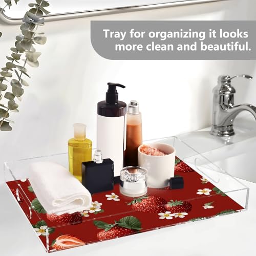 Acrylic Tray Clear Serving Vanity Ottoman Bathroom Coffee Table Countertop Organizer Raised Edge Spill Proof Red Strawberries and White Flowers - color: Red Strawberries and White Flowers