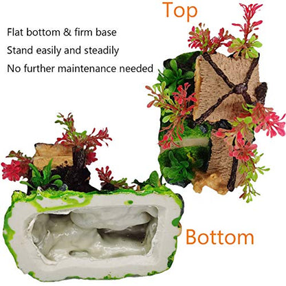4PCS Aquarium Decoration, Fish Tank Artificial Resin Castle Ornaments, Betta Tank Landscape Decorations with Plastic Plants for Shrimp Fish Climbing Hiding - style: Country Rustic