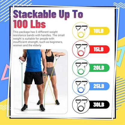 5 Pcs Exercise Resistance Bands Set with Handles & Door Anchor 5-Level Tube Resistance Bands for Strength Training Muscle Toning Home Workouts for Men and Women