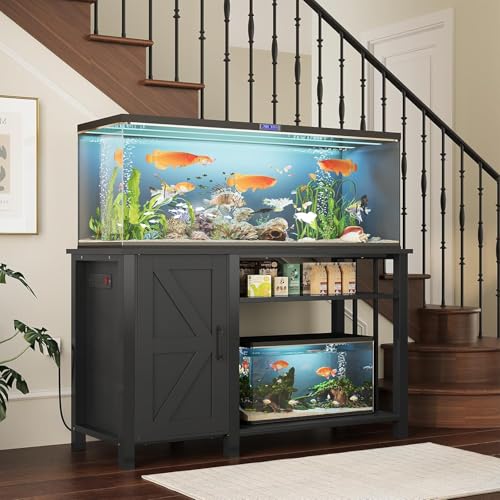 55-75 Gallon Aquarium Stand Farmhouse Fish Tank Stand with Power Outlet Heavy Duty Tank Stand with Adjustable Shelf for Fish Tank, Turtle Tank, Reptile Terrarium, 1000LBS Capacity, Black