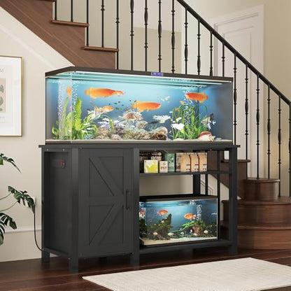 55-75 Gallon Aquarium Stand Farmhouse Fish Tank Stand with Power Outlet Heavy Duty Tank Stand with Adjustable Shelf for Fish Tank, Turtle Tank, Reptile Terrarium, 1000LBS Capacity, Black