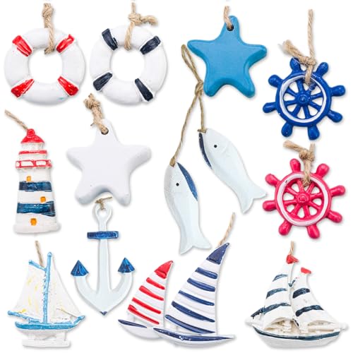 Daimay 12PCS Resin Nautical Ornaments Miniature Beach Ornament Kits Mini Seaside Anchor Lifebuoy Fish Seastar Model Micro Landscape Scenery Decor Aquarium Terrariums Miniature Gardens