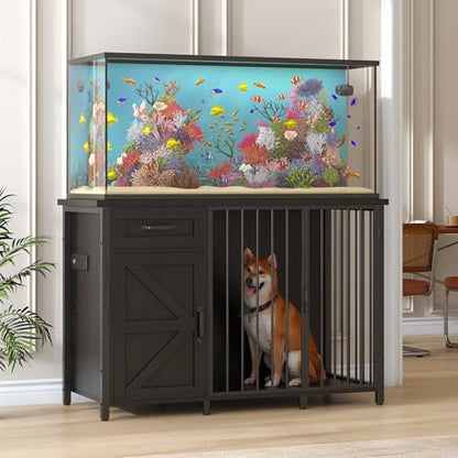 55-75 Gallon Fish Tank Stand with Dog Crate, Multifunctional Aquarium Stand with Cabinet and Power Outlets for Larger Aquariums and Versatile Use (Black) - color: Black, size: 48.8"L x 19.7"W x 32.7"H