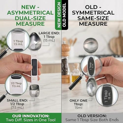 Magnetic Measuring Spoons,Stainless Steel Dual Sided Tablespoons,Extra Long Handle for Deep Jars,Heart-Shaped&Square Heads that More Easier to Excavate,Laser Markings,Non-Slip Grip(set of 5)