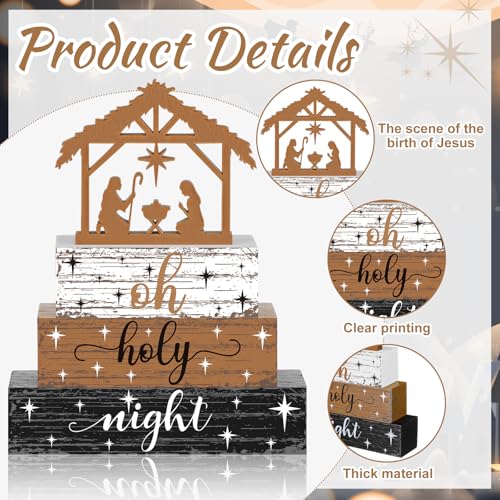 4 Pieces Christmas Nativity Scene Table Decorations Xmas Wooden Silent Night Block Signs Holy Night Tabletop Centerpieces Farmhouse Tiered Tray Decor for Home Table Kitchen Shelf - style: Jesus