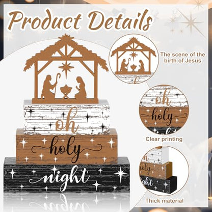 4 Pieces Christmas Nativity Scene Table Decorations Xmas Wooden Silent Night Block Signs Holy Night Tabletop Centerpieces Farmhouse Tiered Tray Decor for Home Table Kitchen Shelf - style: Jesus