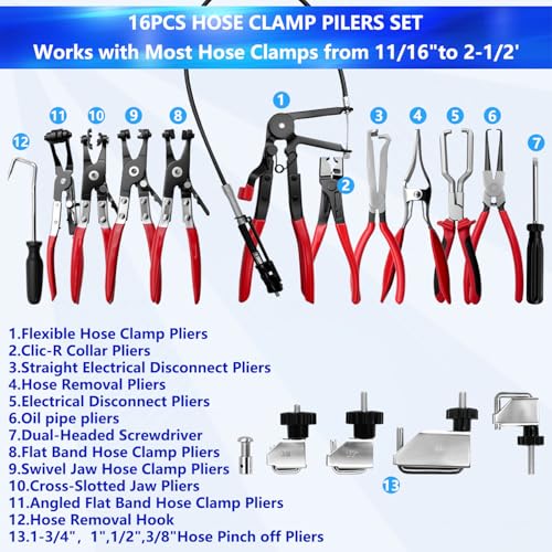 16PCS Hose Clamp Pliers Set, Professional Removal & Installation Tool Kit with Long Reach Flexible Wire & Electrical Disconnect Pliers for Fuel, Oil, Coolant Radiator, Heater and Water Hoses