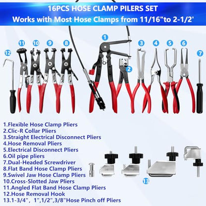 16PCS Hose Clamp Pliers Set, Professional Removal & Installation Tool Kit with Long Reach Flexible Wire & Electrical Disconnect Pliers for Fuel, Oil, Coolant Radiator, Heater and Water Hoses