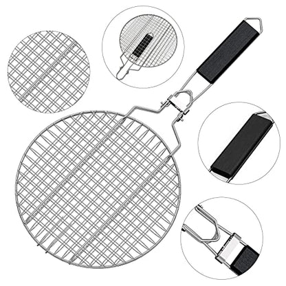 Linkidea Round Portable BBQ Grill Basket, Stainless Steel Fish Grill Rack with Removable Secure Locking Handle, Grill Accessories for Outdoor Grill Vegetables Fishes Shrimp