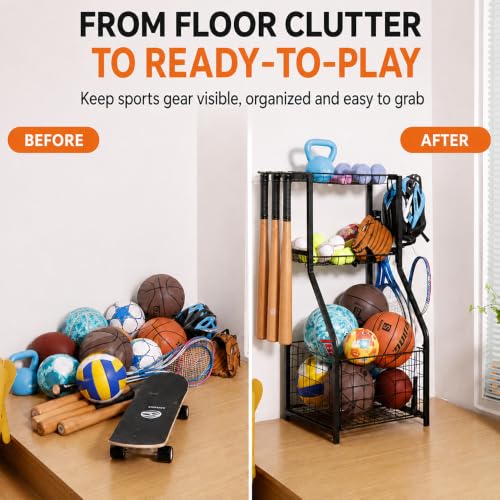 YueTong Garage Sports Organizer with Ball Rack, Bat Holder and 4 Hooks - color: Black – Fixed Feet