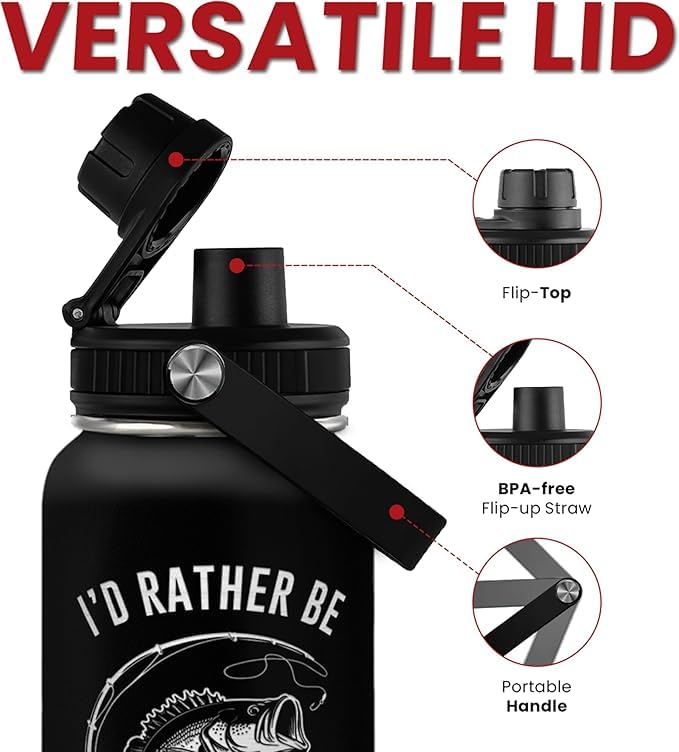 Fishing Insulated Engraved Stainless Steel Water Bottle 32oz, Vacuum Chug Lid Travel Tumbler for Men Friends Dad Grandpa Fisherman, I'd Rather Be Fishing, Birthday Christmas Father's Day - color: Fishing 2