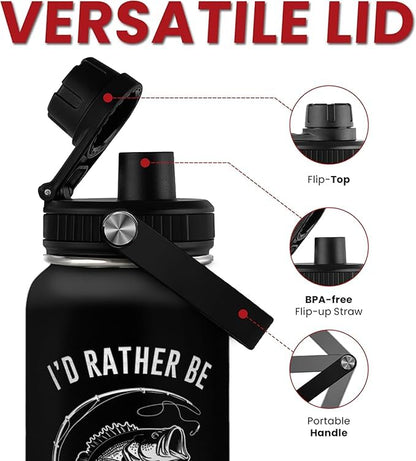 Fishing Insulated Engraved Stainless Steel Water Bottle 32oz, Vacuum Chug Lid Travel Tumbler for Men Friends Dad Grandpa Fisherman, I'd Rather Be Fishing, Birthday Christmas Father's Day - color: Fishing 2