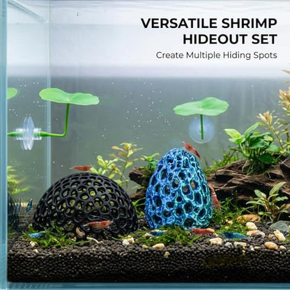4-Piece Breeding Sanctuary Set with Egg-Shaped and Half-Round Caves, Shrimp Hides for Aquarium,Plastic Aquarium Decorations for Betta Fish and Nano Tanks, Safe Molting Shelters with Leaf Accents