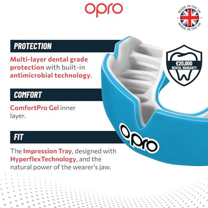OPRO Instant Custom-Fit Mouthguard – Dentist Level Gum Shield Adult and Kids – OPRO Mouth Guard Boxing and MMA, Self-Fit Gum Shield Rugby – Maximum Protection with Dental Warranty (Sky Blue/White) - color: Sky Blue/White, size: Youth (Under 10)