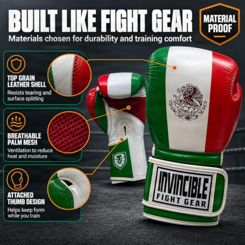 Invincible Fight Gear Flag Leather Boxing Gloves - color: Mexican Flag, size: 12oz