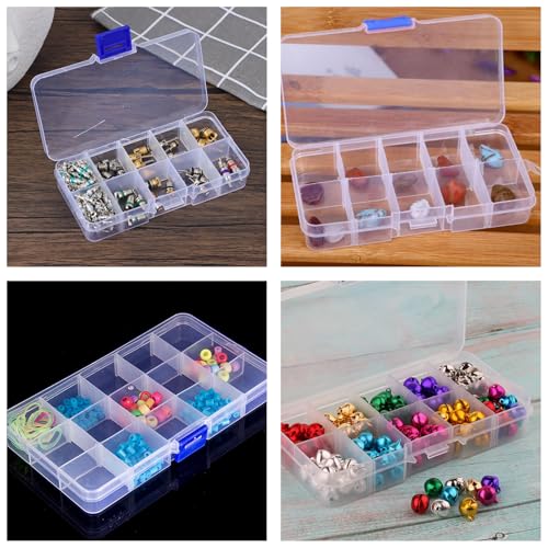 4 PCS 10 Grids Plastic Organizer Box with Dividers, Small Clear Tackle Container, Candy Large Bead Compartment