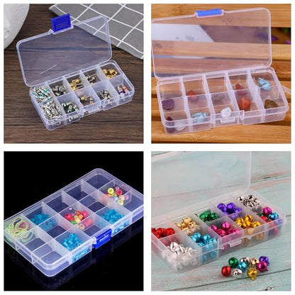 4 PCS 10 Grids Plastic Organizer Box with Dividers, Small Clear Tackle Container, Candy Large Bead Compartment